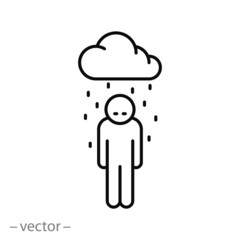 depression or stress icon, sad and unhappy human, grief emotion cloud, loneliness concept, thin line web symbol on white background - editable stroke vector illustration 