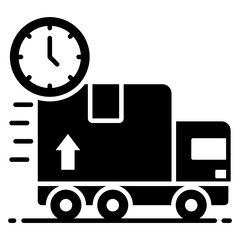 
Clock with cargo van, fast delivery flat icon
