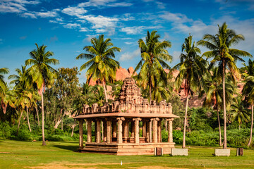 hampi ruins ancient art with bright blue sky flat angle shot