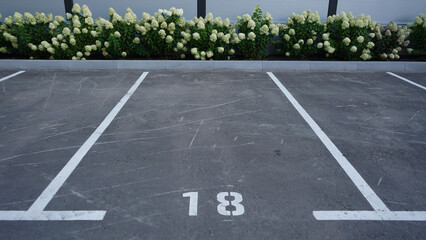 Close-up of a white paint number marking in a parking lot. Empty parking lot, Parking lot with white mark, Open parking in public park. Number 18.