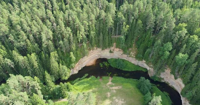Aerial view: Outcrops of Devonian sandstone on the banks of Ahja river, Estonia