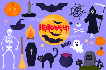 Big set of clip art for Halloween. Traditional characters and objects for creating invitations, cards, posters for celebration