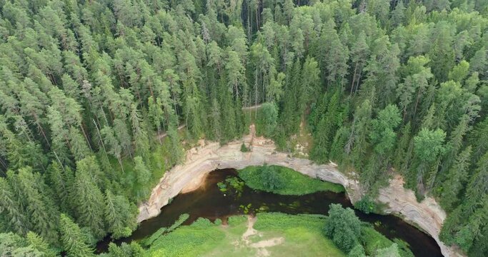 Aerial view: Outcrops of Devonian sandstone on the banks of Ahja river, Estonia