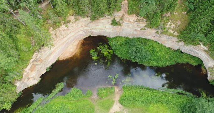 Aerial view: Outcrops of Devonian sandstone on the banks of Ahja river, Estonia