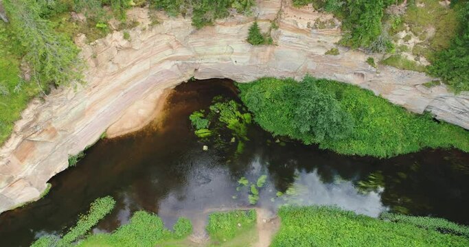 Aerial view: Outcrops of Devonian sandstone on the banks of Ahja river, Estonia