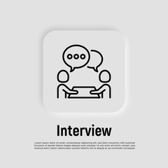 Interview thin line icon. Two people sitting at the desk and talking. Business meeting, recruitment. Vector illustration.