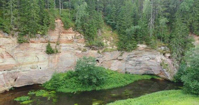 Aerial view: Outcrops of Devonian sandstone on the banks of Ahja river, Estonia