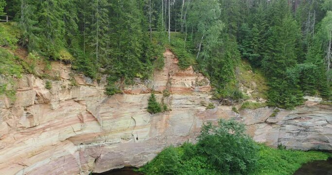 Aerial view: Outcrops of Devonian sandstone on the banks of Ahja river, Estonia