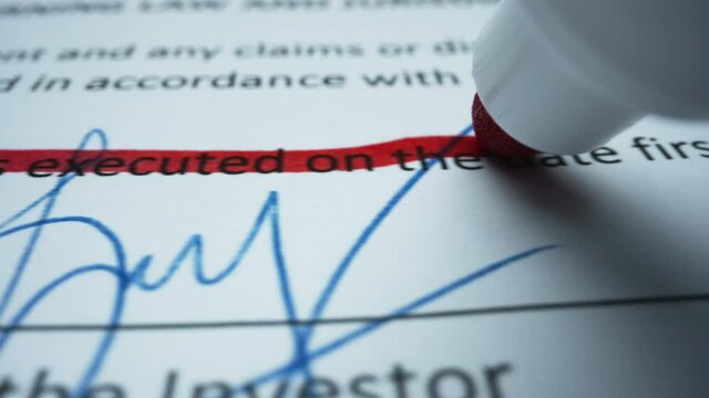 Marker drawing straight line on paper. Person editing document with marker