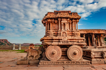 hampi stone chariot the antique stone art piece from unique angle with amazing blue sky
