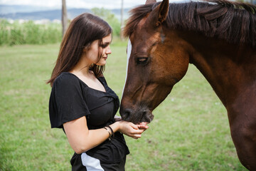 Fototapeta premium Portrait of a young beautiful woman with his animal friends - Millennial having fun with a horse in a summer day after a riding lesson