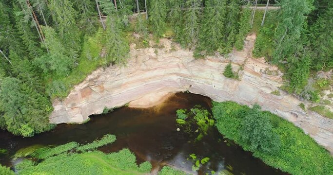 Aerial view: Outcrops of Devonian sandstone on the banks of Ahja river, Estonia