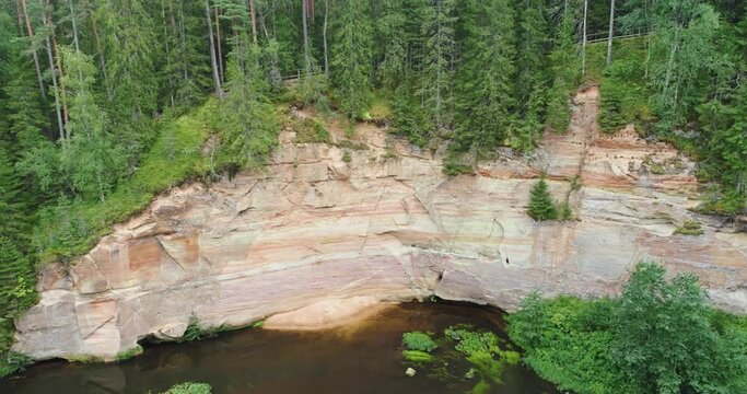 Aerial view: Outcrops of Devonian sandstone on the banks of Ahja river, Estonia