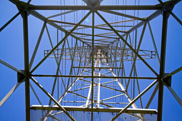 Fototapeta premium Electricity pylon with wires against blue sky