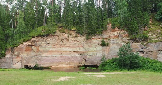 Aerial view: Outcrops of Devonian sandstone on the banks of Ahja river, Estonia