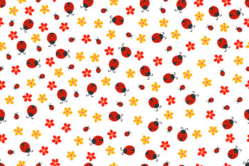 Ladybugs flowers red orange seamless vector pattern