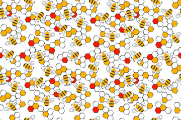 Bee and beehives red yellow seamless vector pattern
