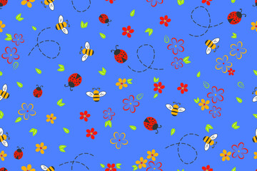 Ladybugs and bees floral seamless vector pattern