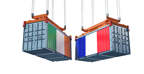 Freight containers with Ireland and France flag. 3D Rendering 