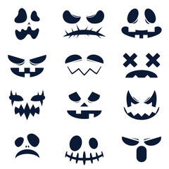 The Collection and Graphic resource of Scary and funny faces of Halloween pumpkin or ghost in flat vector style. 