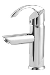 Glossy metallic faucet on white background