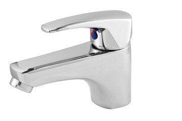 Glossy metallic faucet on white background
