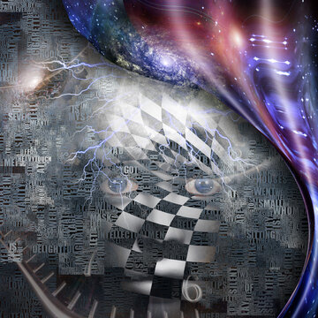 Complex surreal painting. Woman's face with chess pattern. Spiral of time. Words. Warped space. 3D rendering