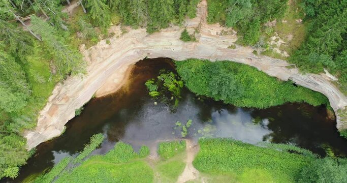 Aerial view: Outcrops of Devonian sandstone on the banks of Ahja river, Estonia