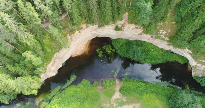 Aerial view: Outcrops of Devonian sandstone on the banks of Ahja river, Estonia