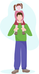 a young tall man walking with his daughter. A happy child sits on his father's shoulders. The concept of love and family values. Vector flat design.