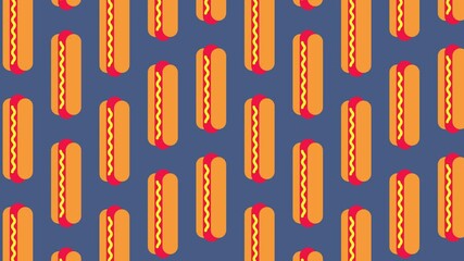 Hot dog animated pattern. Cartoon vector illustration of hot dog vector pattern blue background for web.