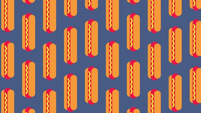 Hot dog animated pattern. Cartoon vector illustration of hot dog vector pattern blue background for web.