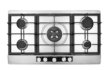 Steel stove on white background.top view