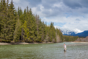 A fisherman fishing for Steelhead on a river in British Columbia Canada