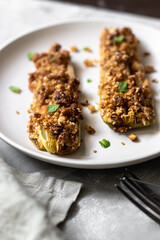 Grilled leek with walnuts and basil 