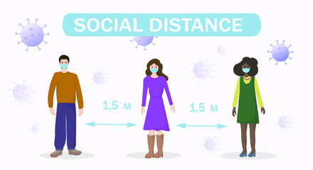 Warning about maintaining social distance during quarantine. Safety while walking. People walk in masks at a distance of 1.5 meters from each other. coronovirus epidemic