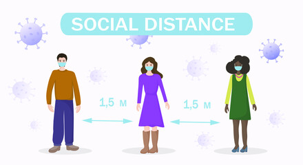 Fototapeta premium Warning about maintaining social distance during quarantine. Safety while walking. People walk in masks at a distance of 1.5 meters from each other. coronovirus epidemic
