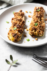 Grilled leek with walnuts and basil 