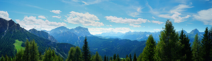 Fototapeta premium Panoramic view from Plan de Corones on a summer day, Sudtirol, Trentino Alto Adige, Dolomites, Italy