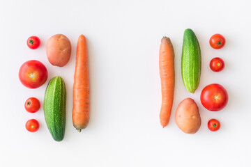 Fresh farm vegetarian and vegan vegetables on white background. Healthy food supermarket banner. Zero waste concept. Frame layout flat lay. Top view