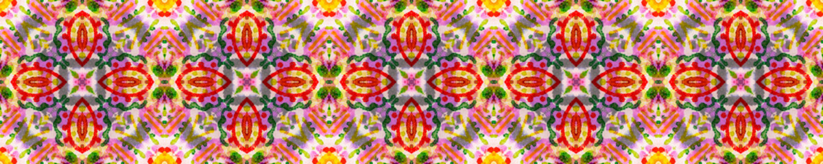 Geometric Rug Pattern. Repeat Tie Dye Illustration. Ikat Persian Design. Red, Green, Blue and Brown Seamless Texture. Abstract Kaleidoscope Design. Ethnic Geometric Rugs Pattern.