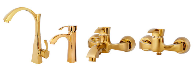 set golden steel faucet made of glossy steel on a white background