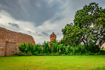 hampi ruins antique stone art from unique angle with amazing sky