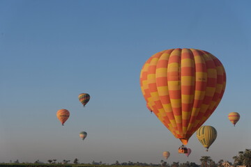 Early morning hot air balloon in flight over vast plain with trees