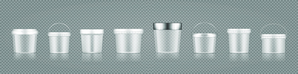 Empty transparent bucket and jar mockup set for ice cream, yoghurt, cheese, mayonnaise, paint or putty. Plastic package design. Blank food or decor product container template. 3d vector illustration © Kusandra