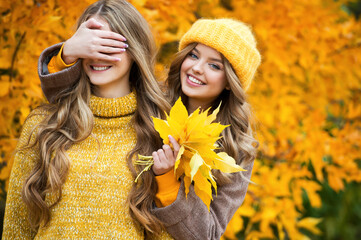 Friends enjoy an autumn day in the Park. Young happy women with yellow autumn leaves