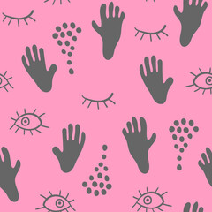 Seamless pattern with hands and eyes on pink background. Vector illustration.