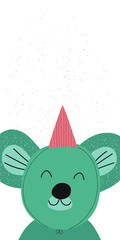 Kids party banner with koala and copy space for text. Hand drawn graphic for typography poster, card, label, flyer, page, banner, baby wear, nursery.