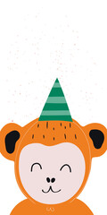 Vertical banner with cute monkey and empty space. Design for kid's party cards, poster, template, placard. 