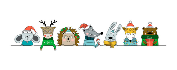 Forest animals with gift, candy and garland.